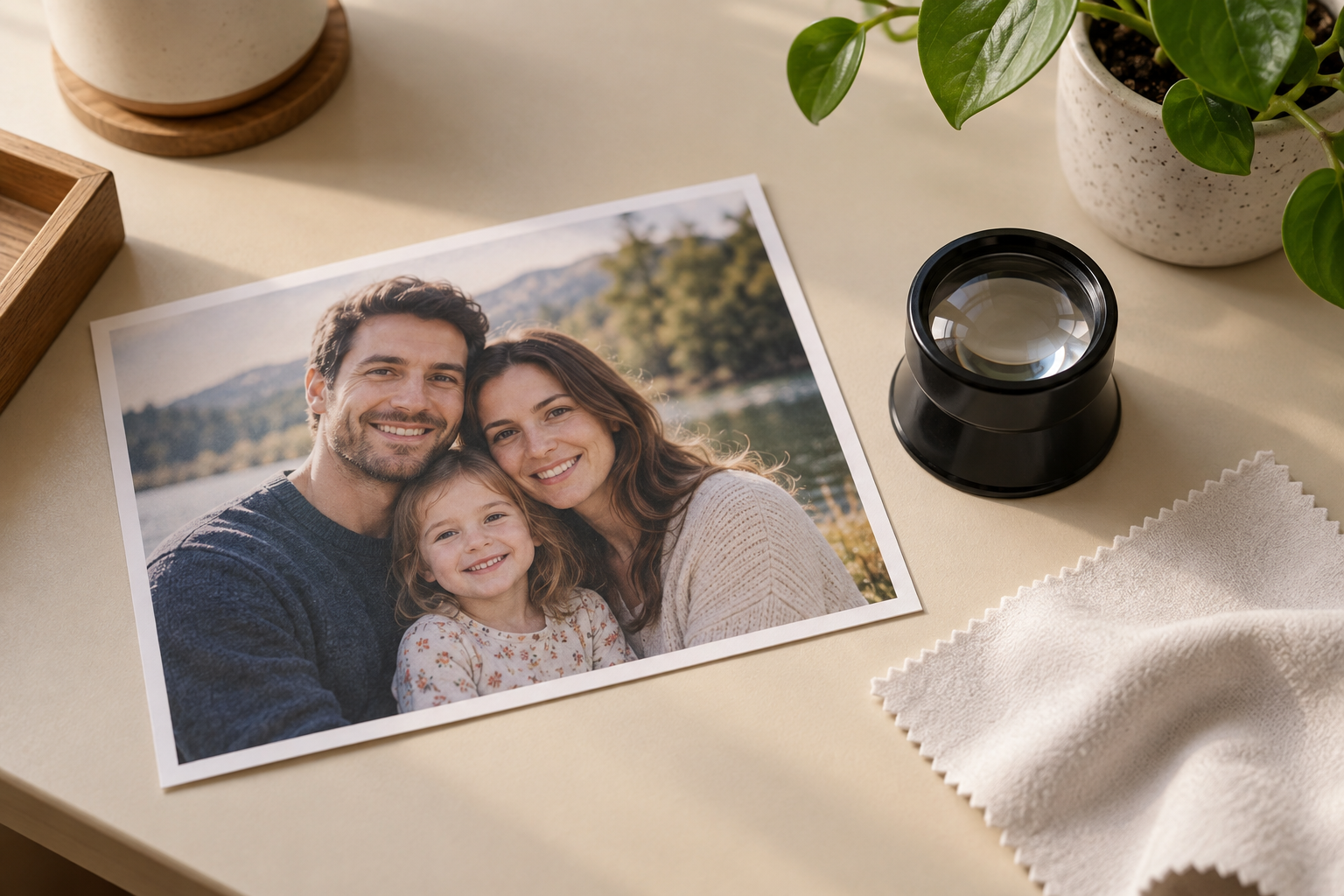 Blurred family portrait prepared for remove face blur from photo online