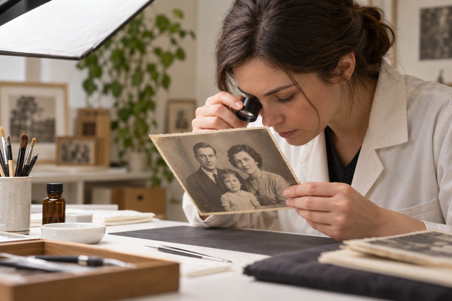 Technician reviewing a soft portrait as facial detail returns during face blur removal