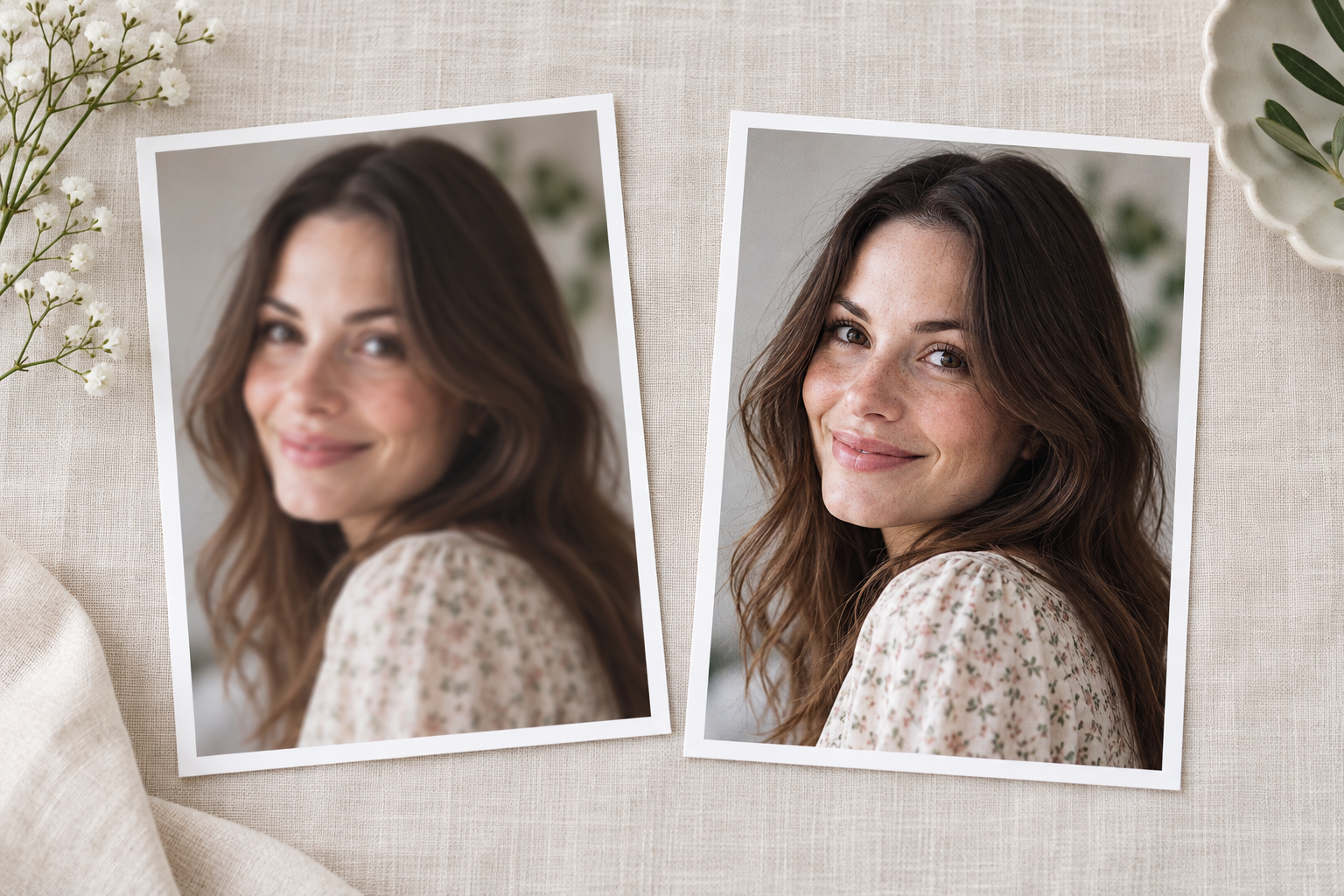 Portrait prints compared after unblur face in photo processing to verify likeness