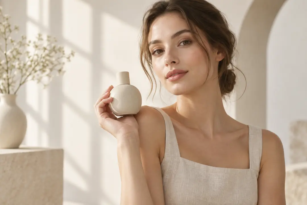 Model with a product shown in a clearer portrait after facial detail reconstruction