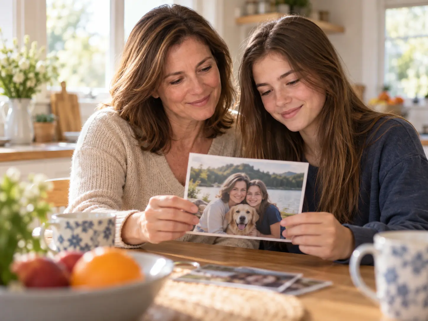 Family reviewing a blurred portrait before remove face blur from photo online