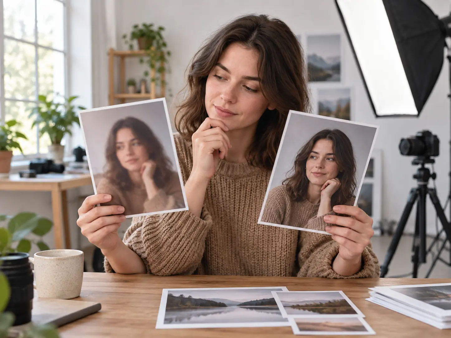 Creator comparing a soft selfie with a clearer version after face blur removal