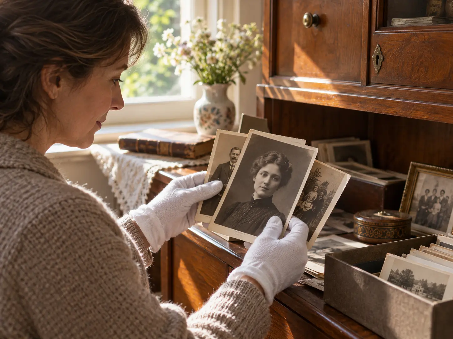 Family historian holding old portrait scans for remove face blur from photo online