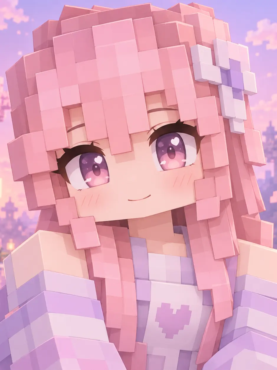 Anime style Roblox avatar with large eyes and pink hair