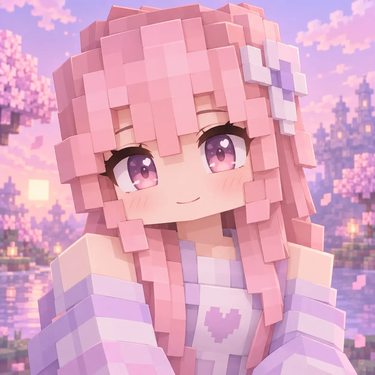 Anime style Roblox avatar with large eyes and pink hair