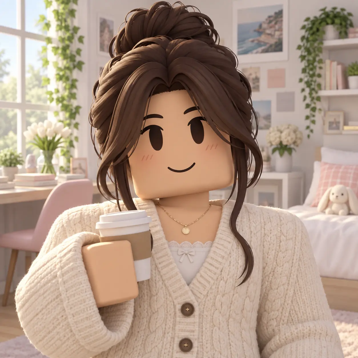 Preppy Roblox avatar wearing a cardigan in a pastel room