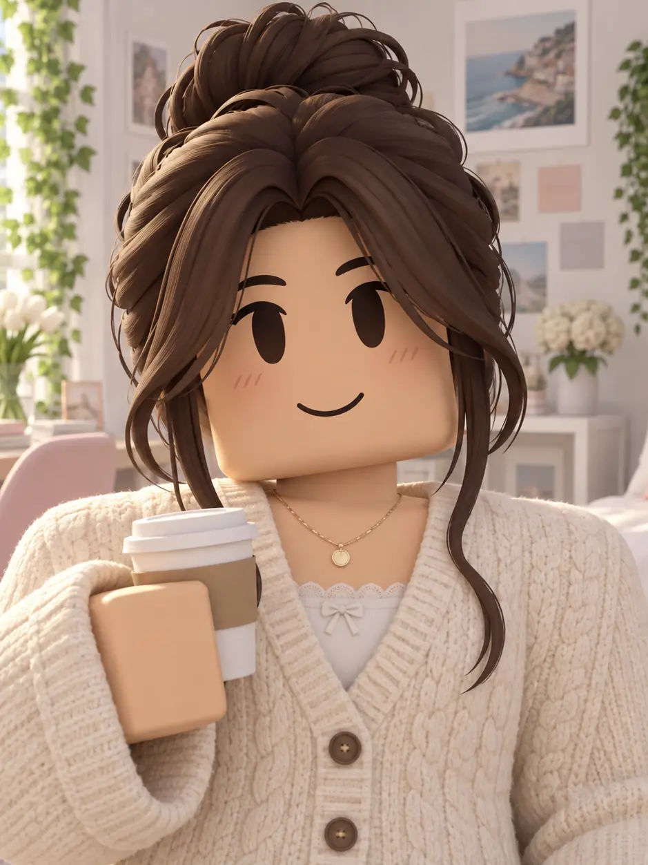 Preppy Roblox avatar wearing a cardigan in a pastel room