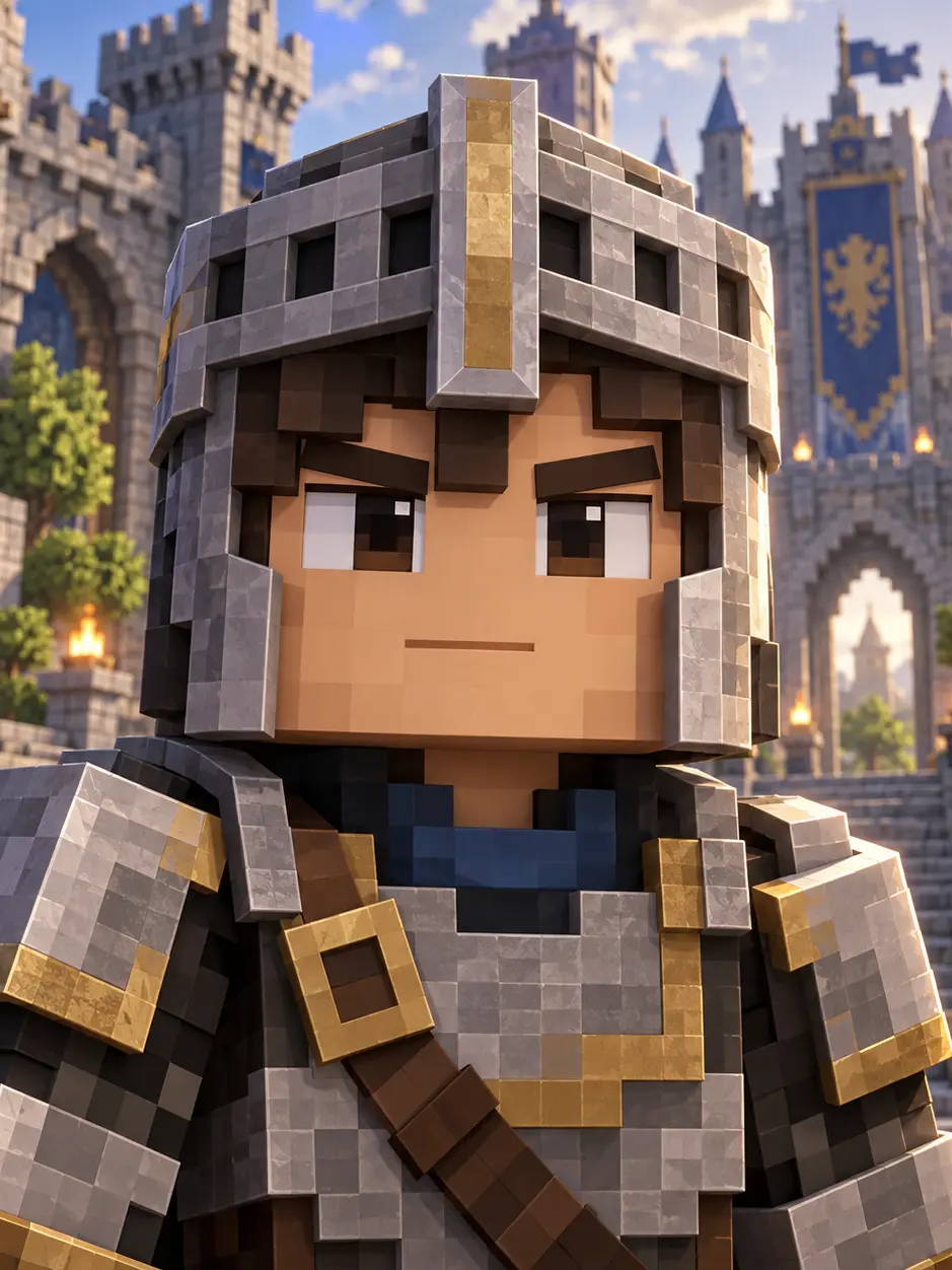 Roblox avatar in a helmet and armour in front of a game castle