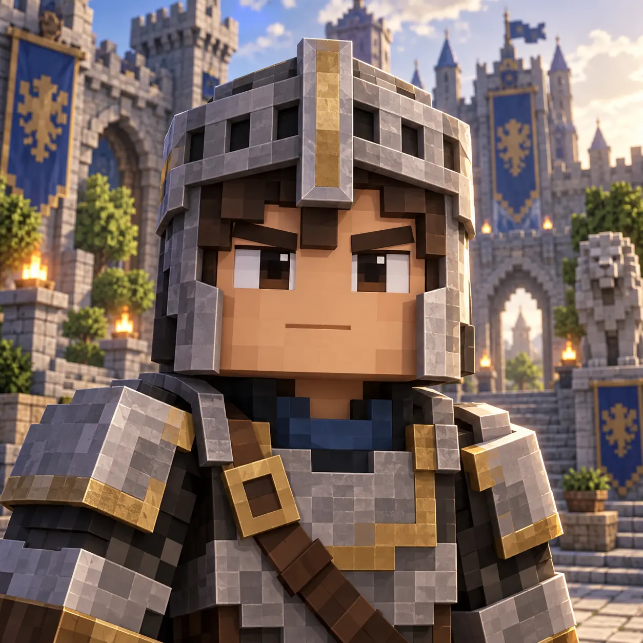 Roblox avatar in a helmet and armour in front of a game castle