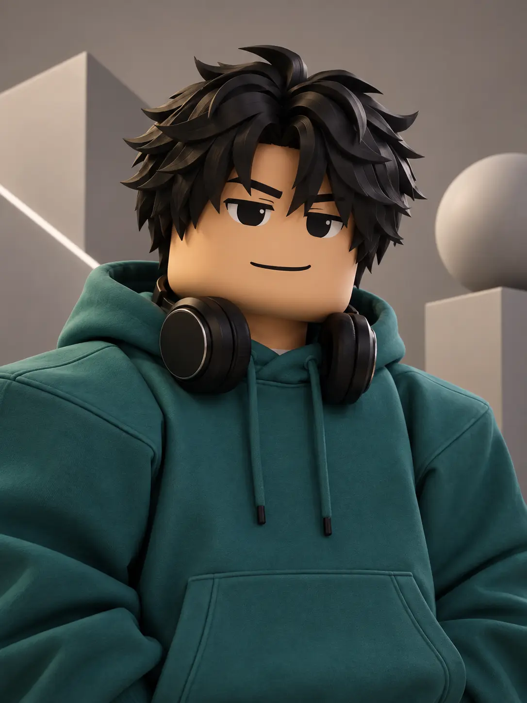 Roblox avatar in a teal hoodie and black headphones against a neutral studio backdrop