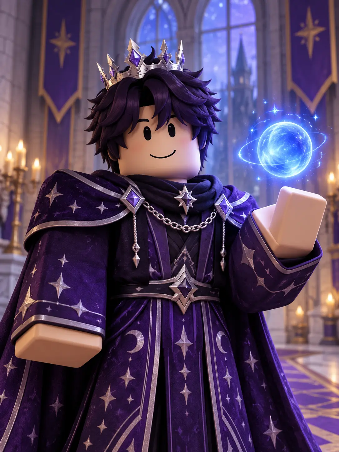 Roblox avatar as a royal mage in an ornate robe with glowing magic