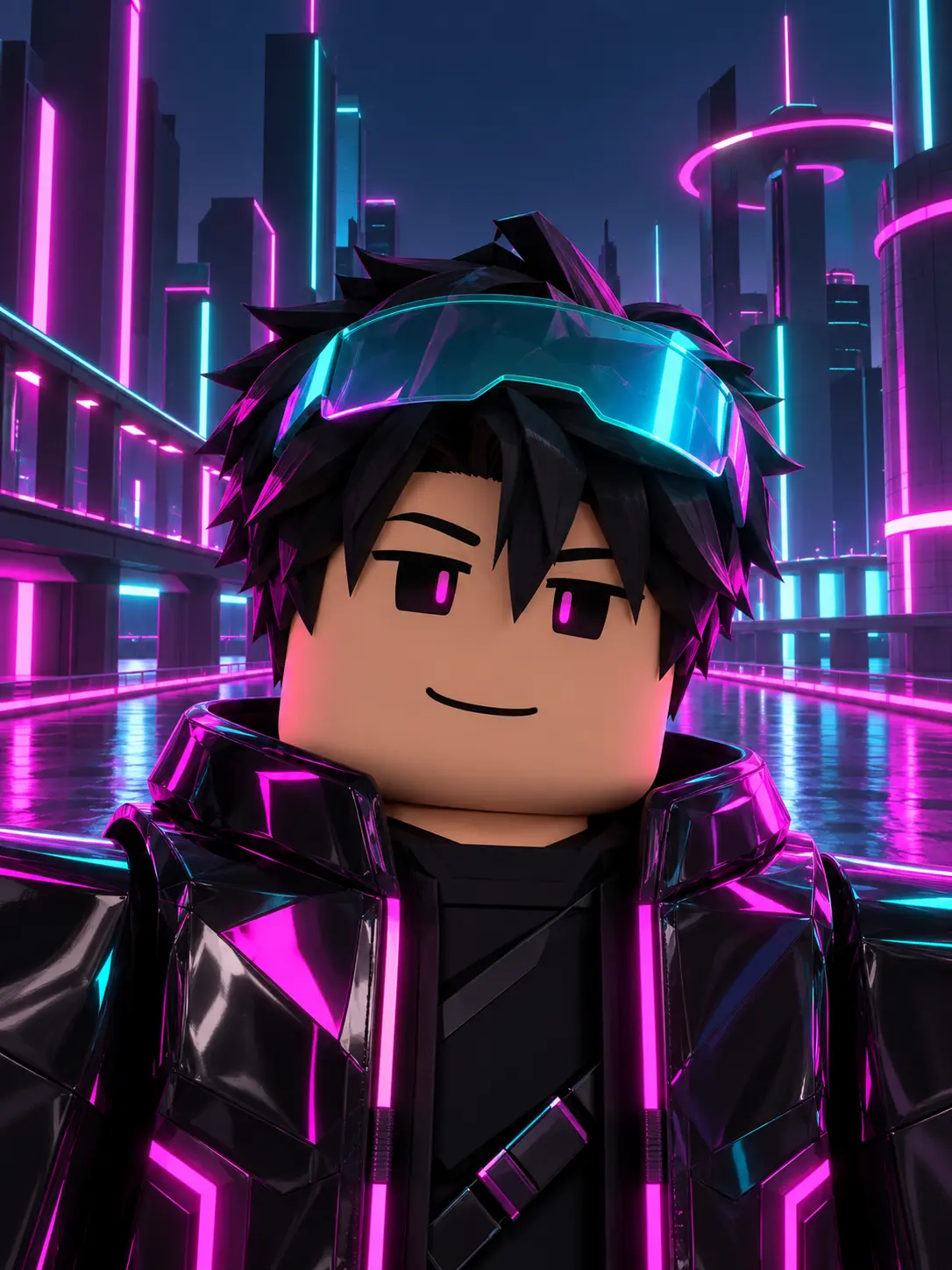 Roblox avatar in a neon cyberpunk outfit against a futuristic city backdrop