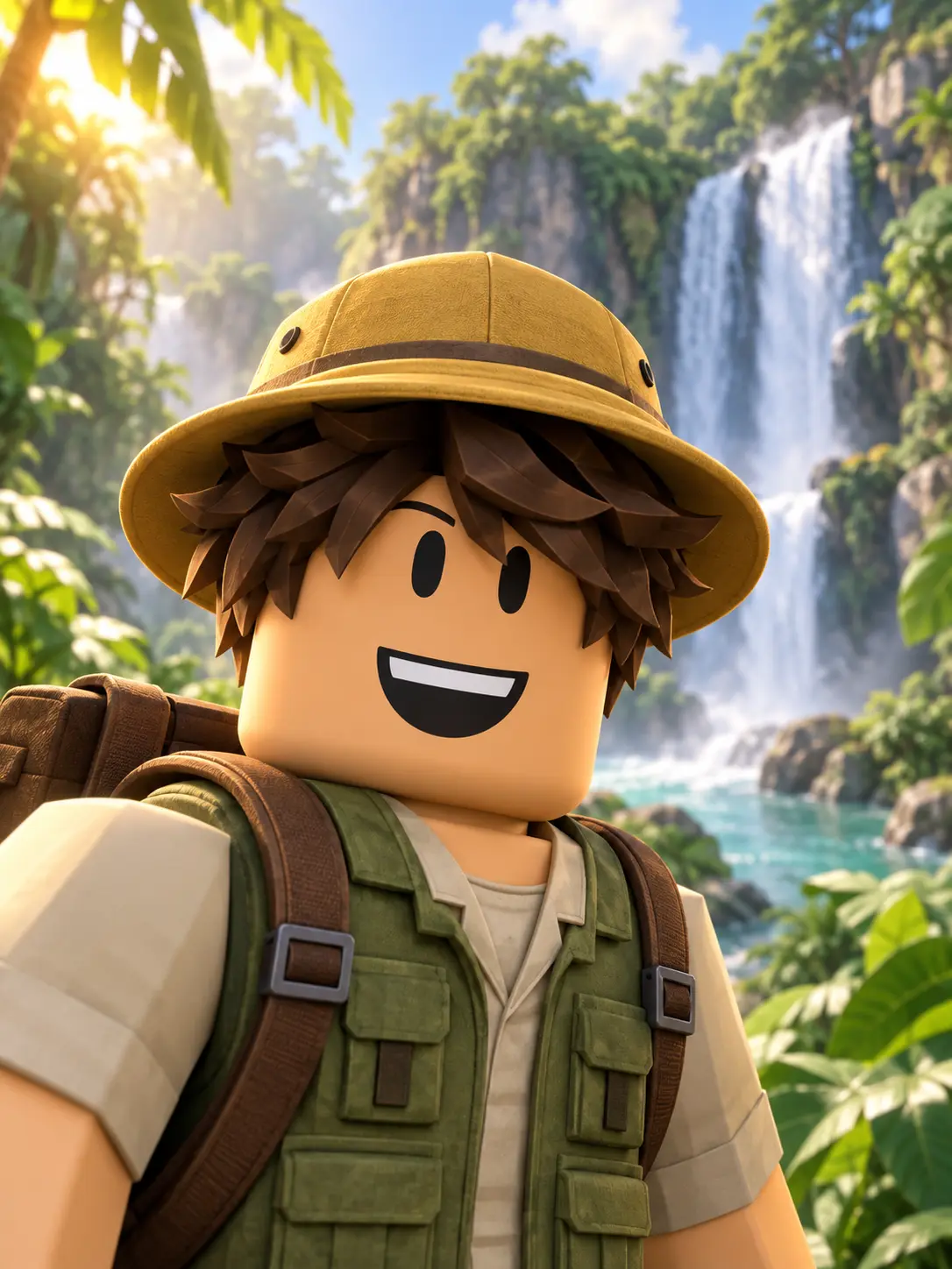 Roblox avatar as an explorer with a backpack and map in a jungle setting