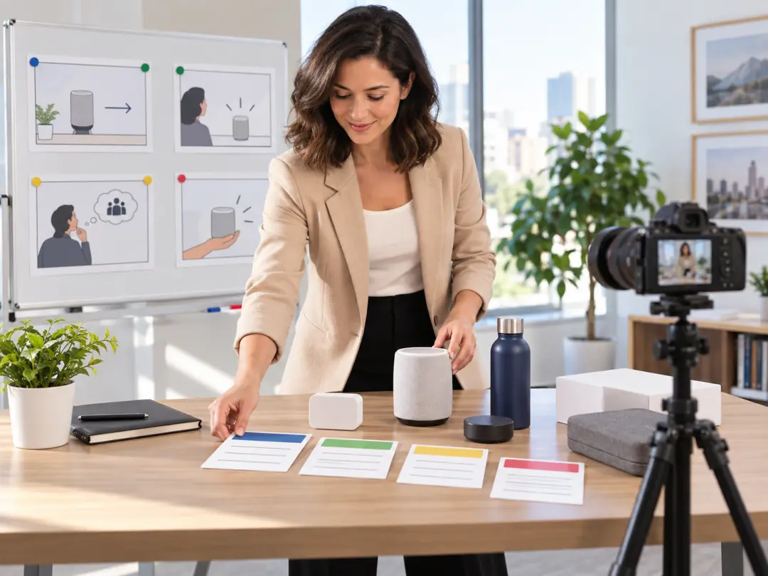 Product demonstration scenes and benefit headlines arranged for a sales pitch