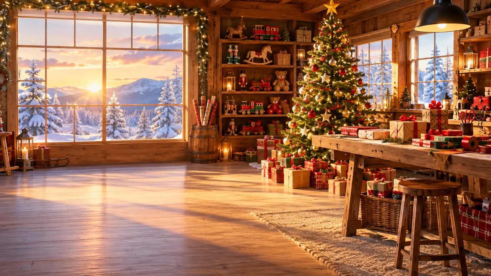 Wide candlelit Santa workshop with gifts and a softly glowing tree