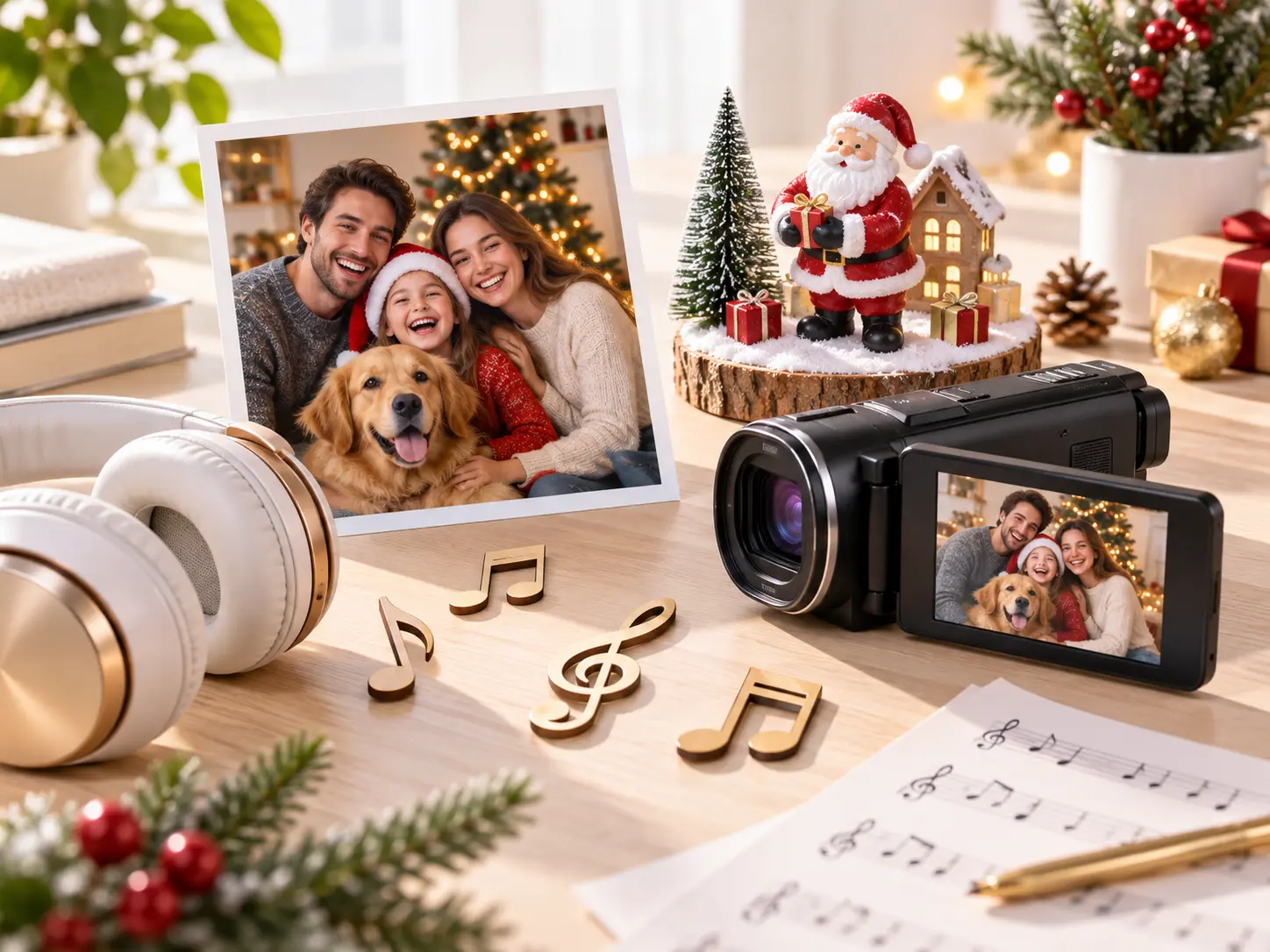 Uploaded image, video, and audio references assigned to Santa video scenes
