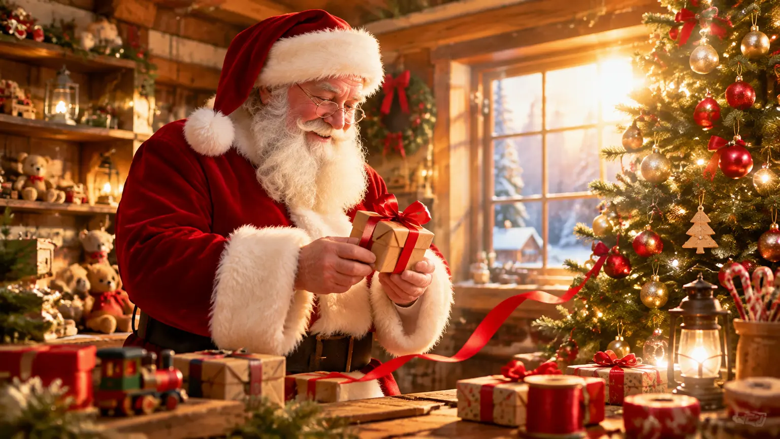Warm Santa greeting scene in a candlelit workshop with a glowing tree and gift table