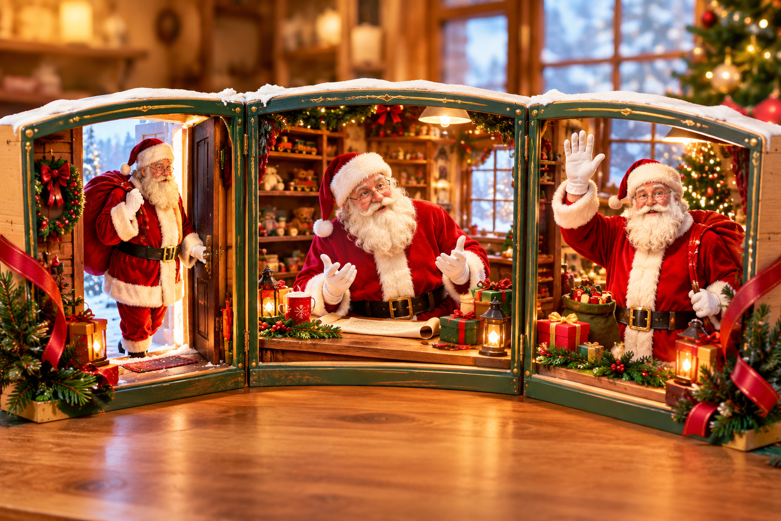 Timed Santa scenes with selected references, voice, music, and transitions