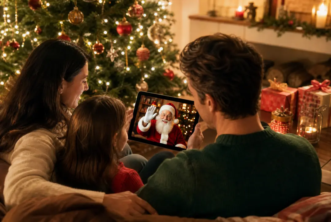 Family holiday greetings shown as a finished Santa holiday video scene