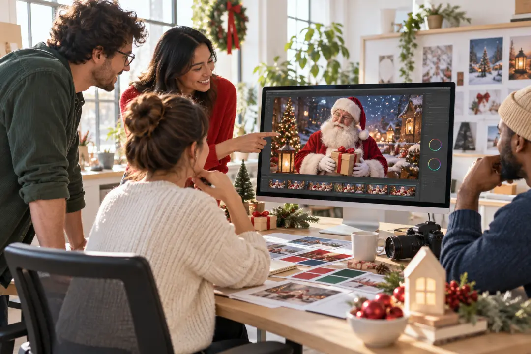Client greeting videos shown as a finished Santa holiday video scene
