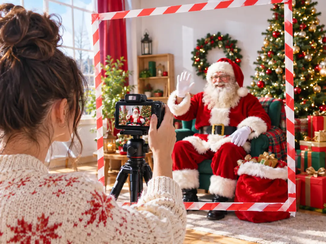 Social creator arranging Santa holiday video ratios for vertical and square posts