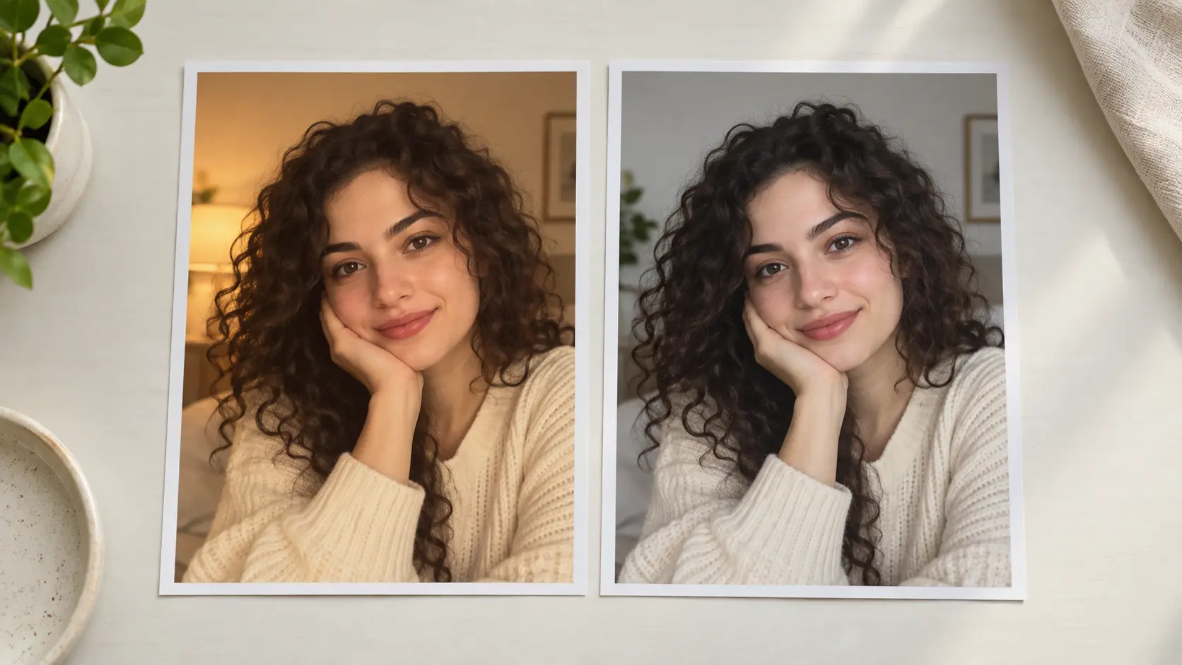 Original and edited portrait prints compared for identity in a selfie editor workflow