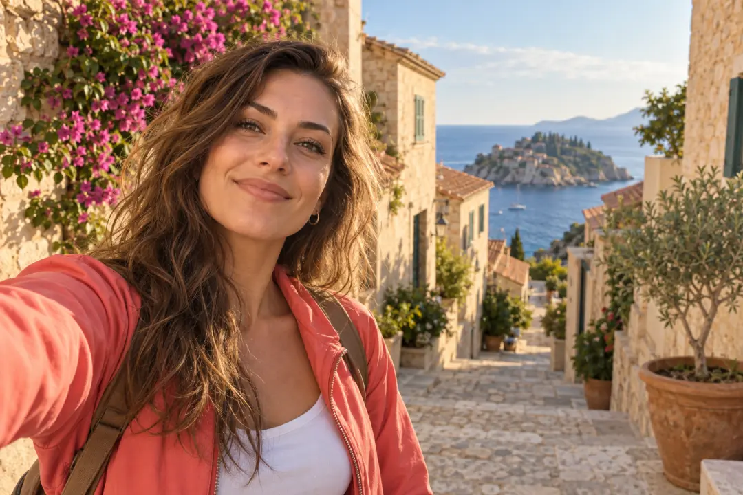 Travel selfie prepared for social sharing with a selfie editor workflow