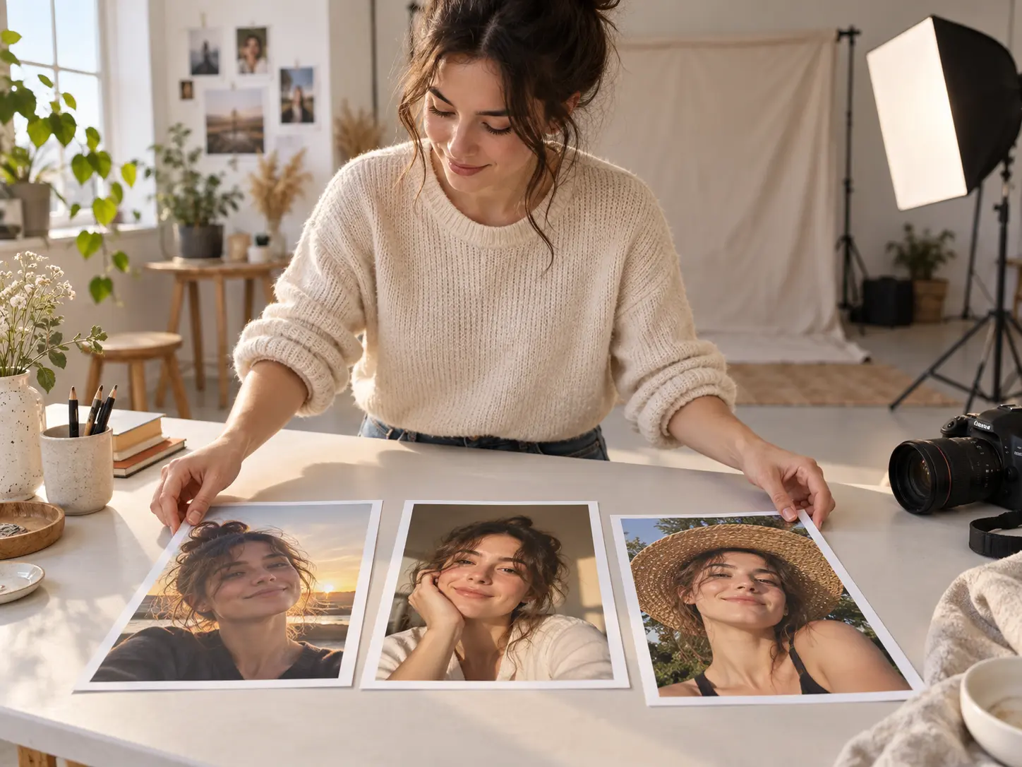 Social creator arranging portrait prints for online selfie editor retouching