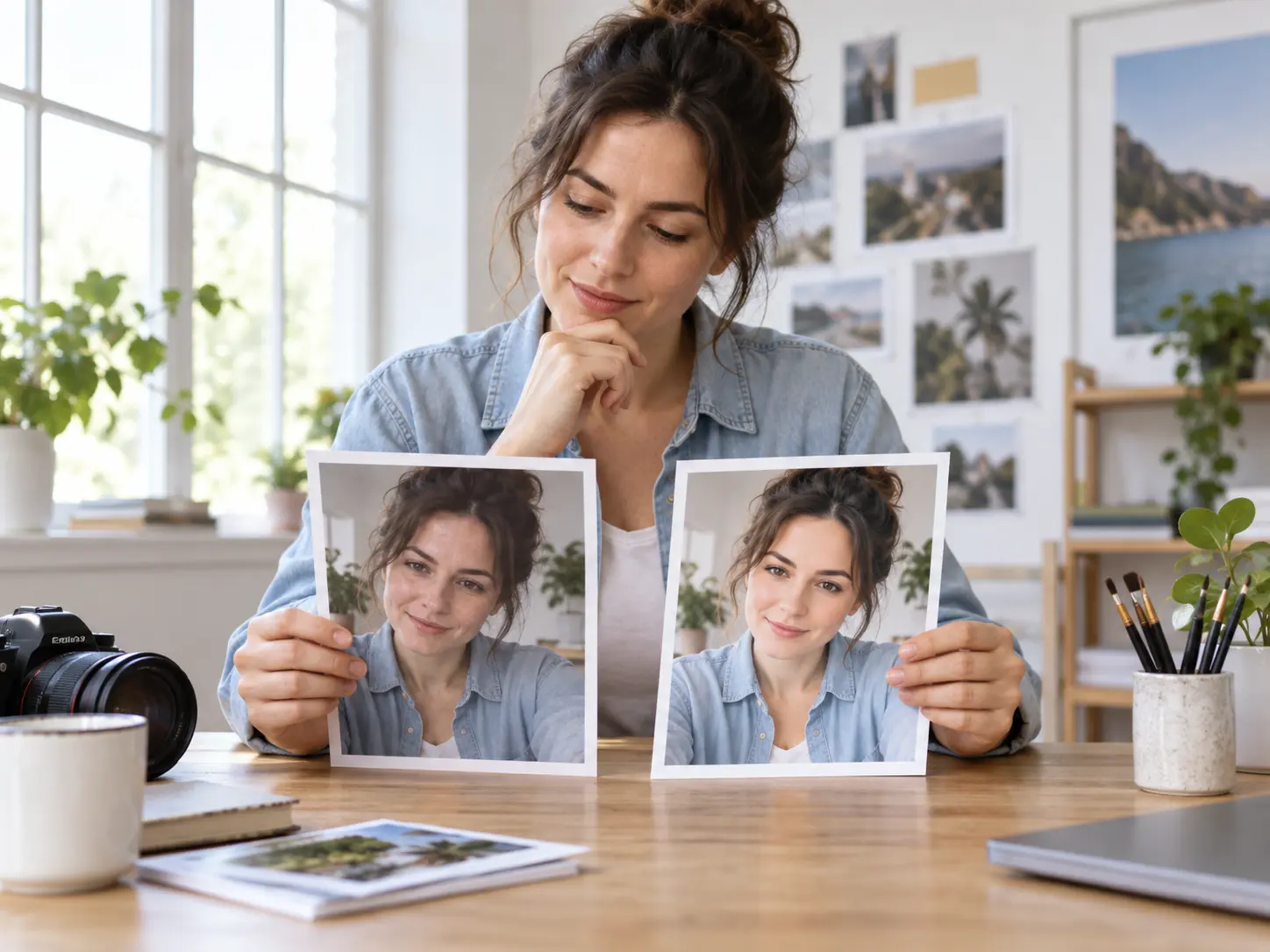 Casual editor comparing original and retouched selfie portraits in a bright studio