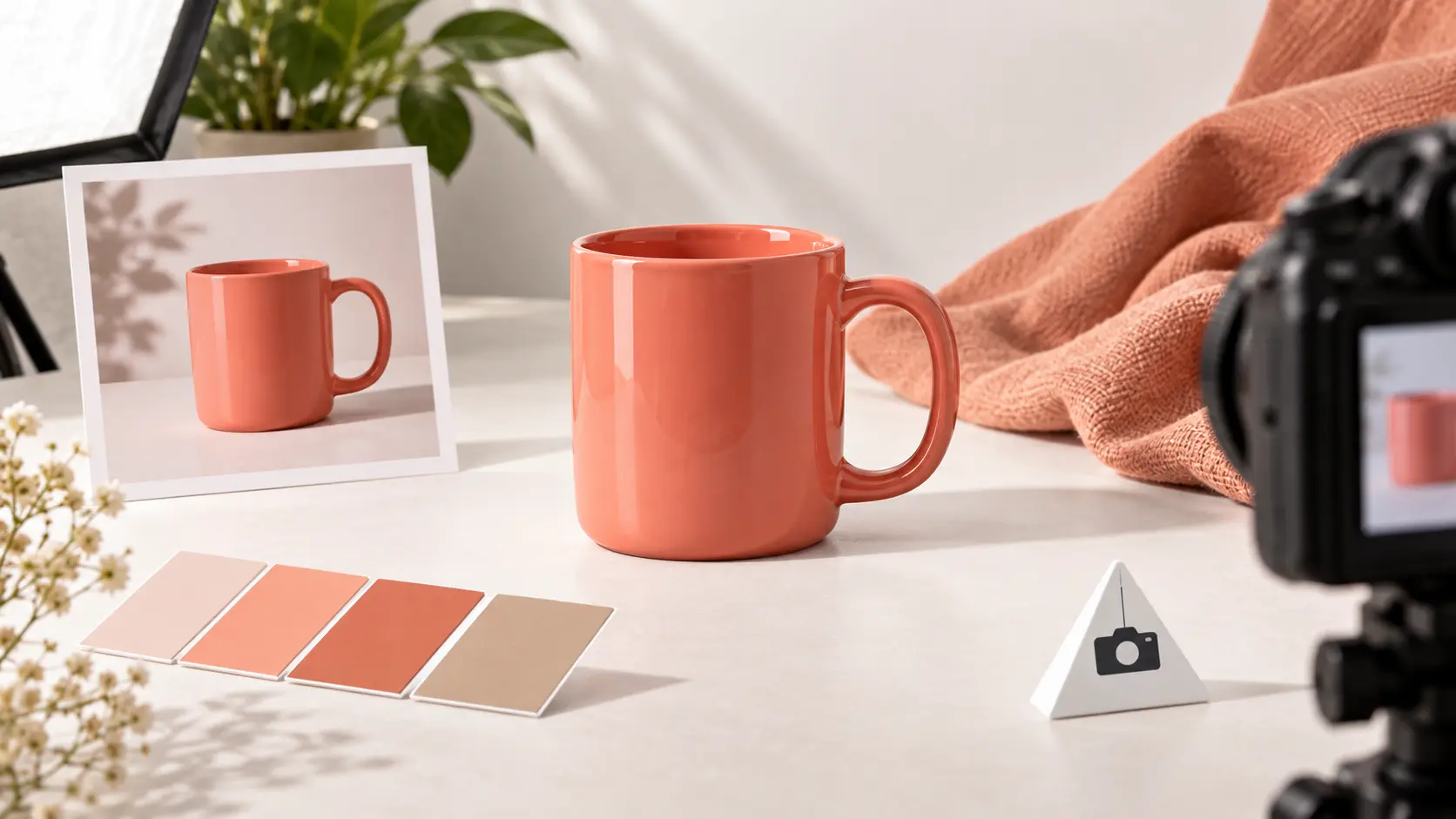 A ceramic mug photo and brand reference guiding the product scene and colors