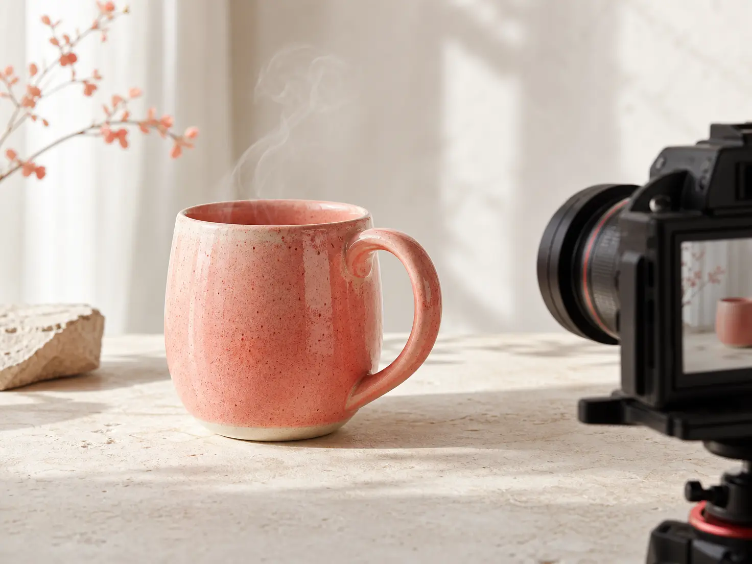 Ceramic mug shown in a close product shot and a wider scene with open space