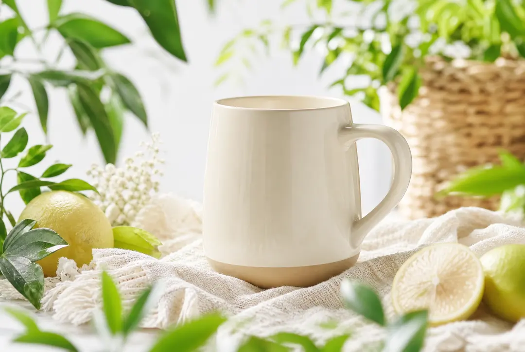 Ceramic mug in a refreshed seasonal product video scene with bright natural styling
