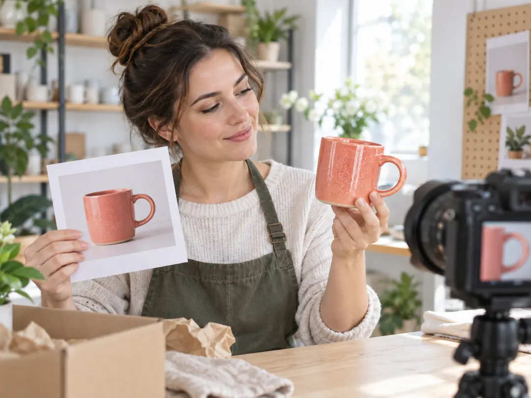 Product stills of a ceramic mug beside a generated close view of its handle