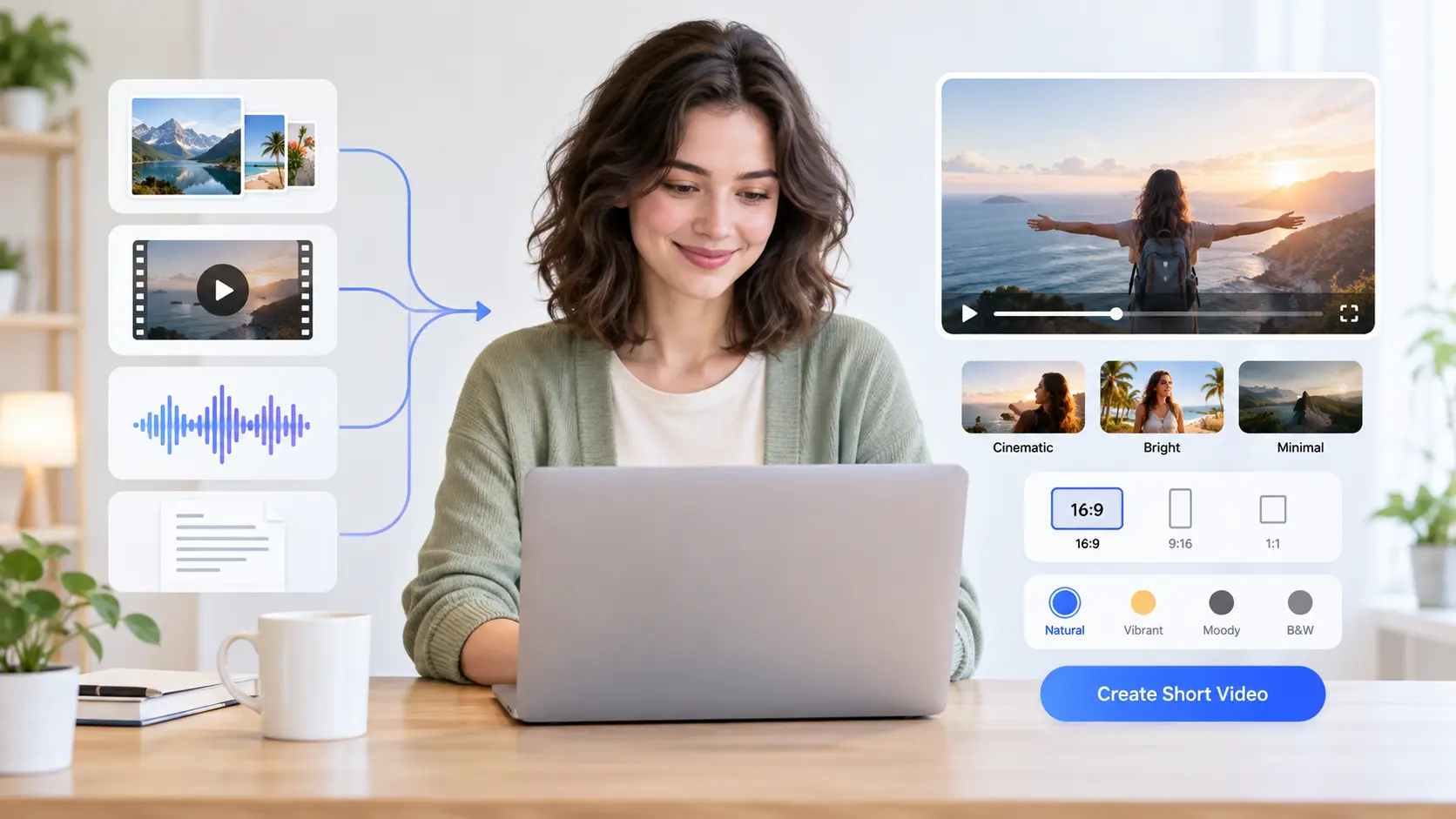 Creator arranging images, audio, and video into a project