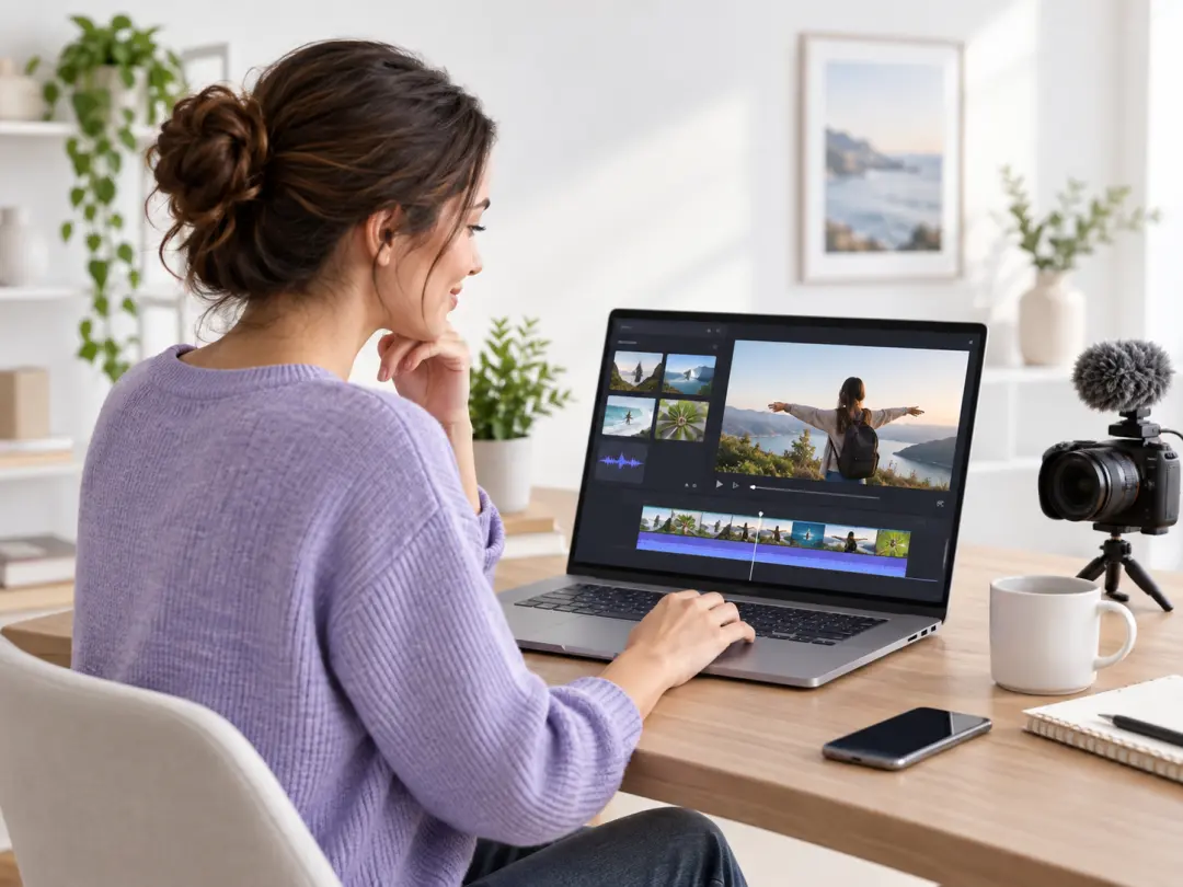Social video creator reviewing images and clips in a video workspace