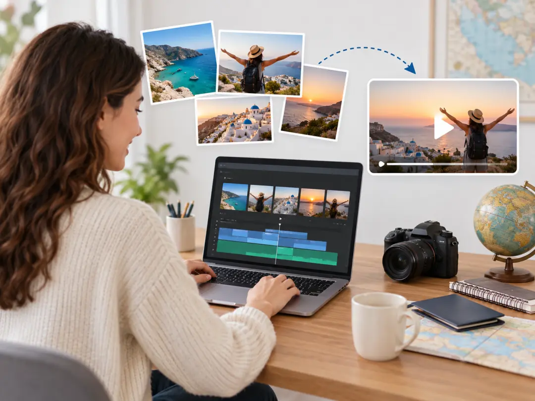 Mini vlog maker arranging travel clips and photos into a video project