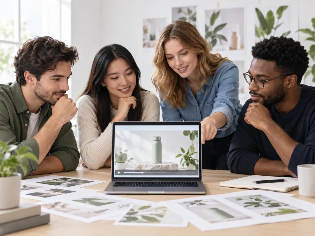 Campaign team reviewing a scripted product video with reference images