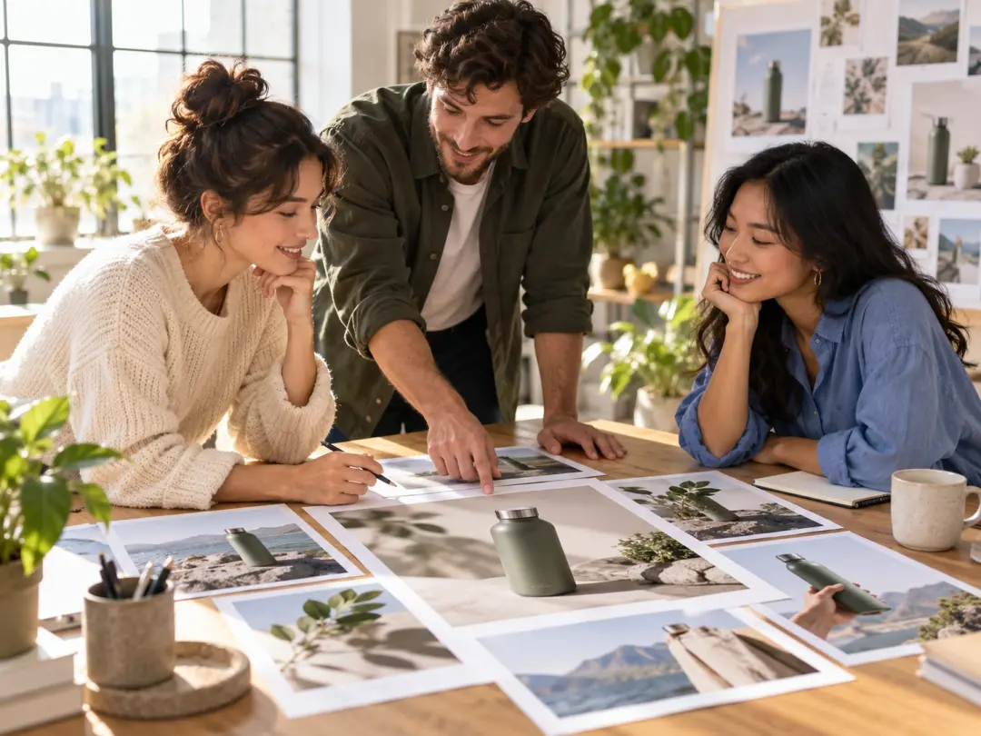 Small brand team reviewing campaign video versions in multiple formats