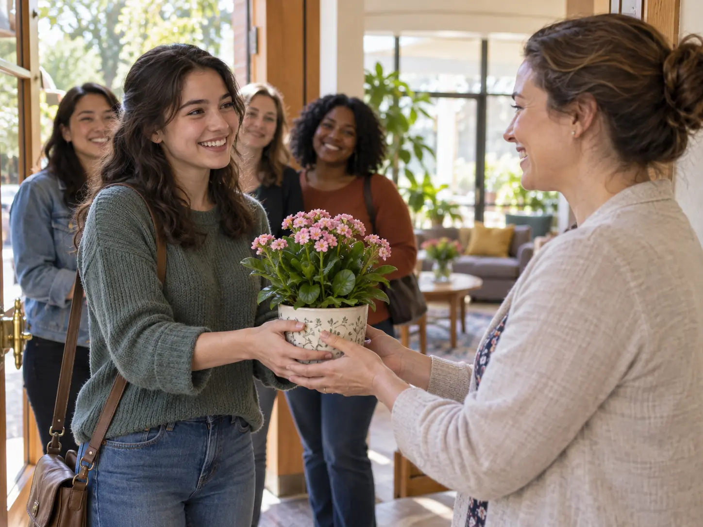 An adult member welcomes a newcomer with a small plant in a recruitment story scene