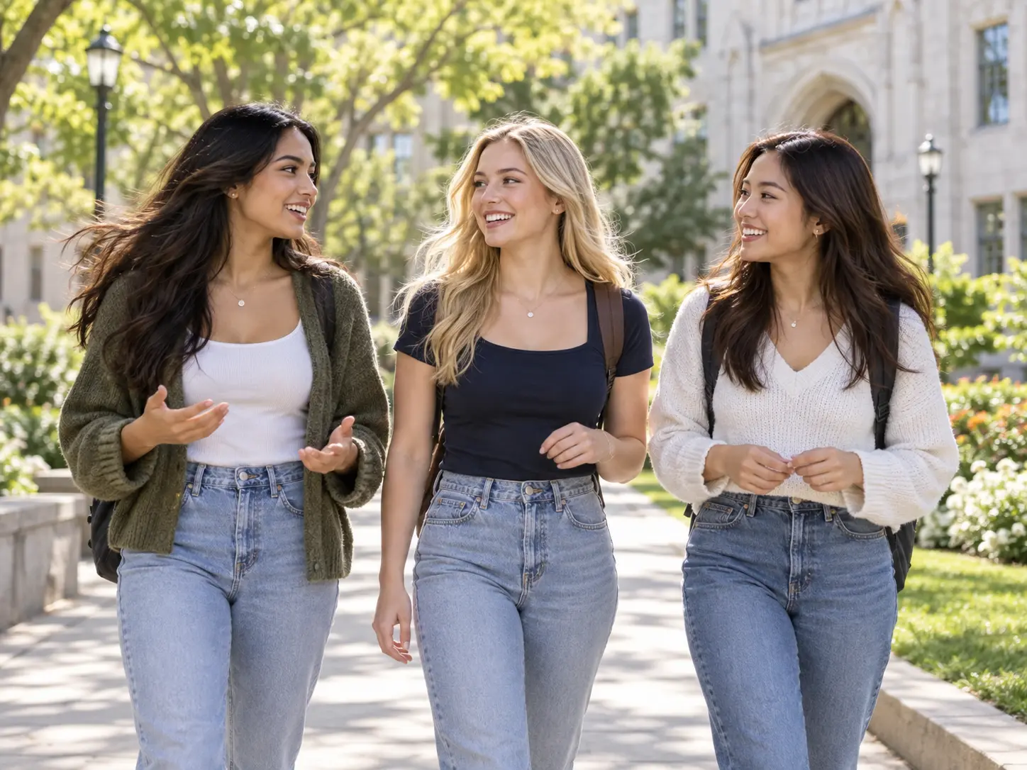Adult members walk together along a bright campus path in a polished recruitment video closing shot
