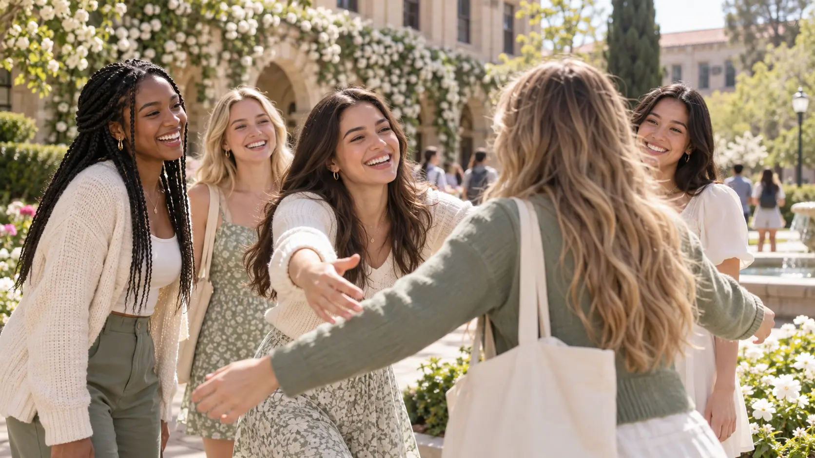 Adult sorority members welcome another student in a sunny campus recruitment scene