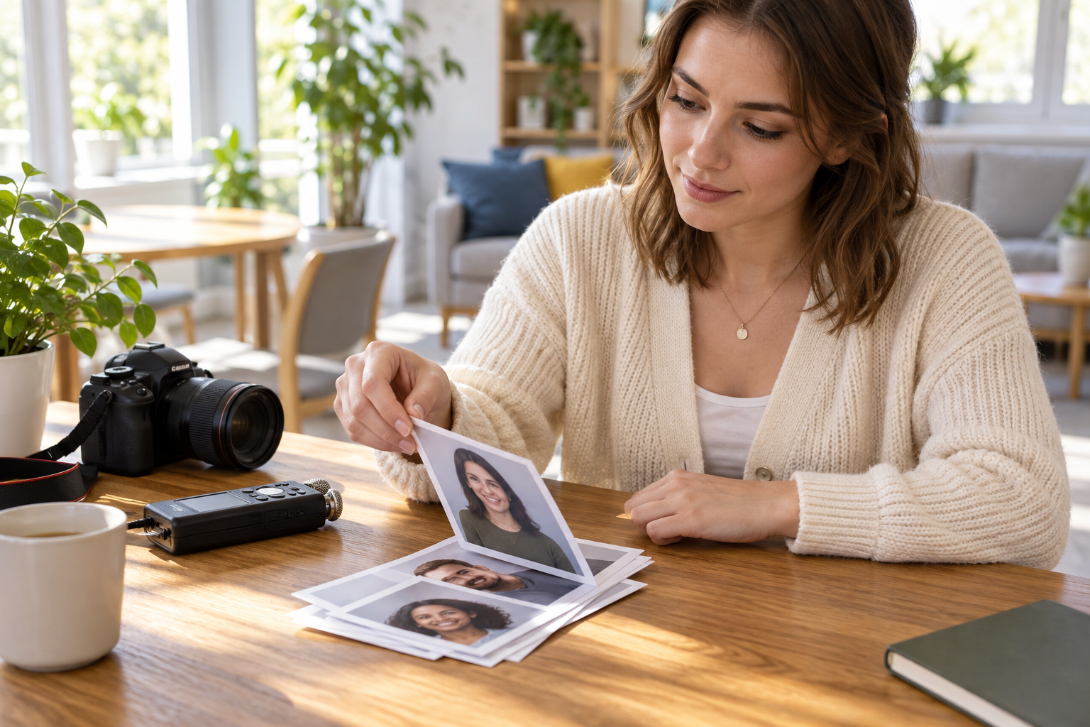 Adult recruitment coordinator selects a member photograph beside a camera in the common room