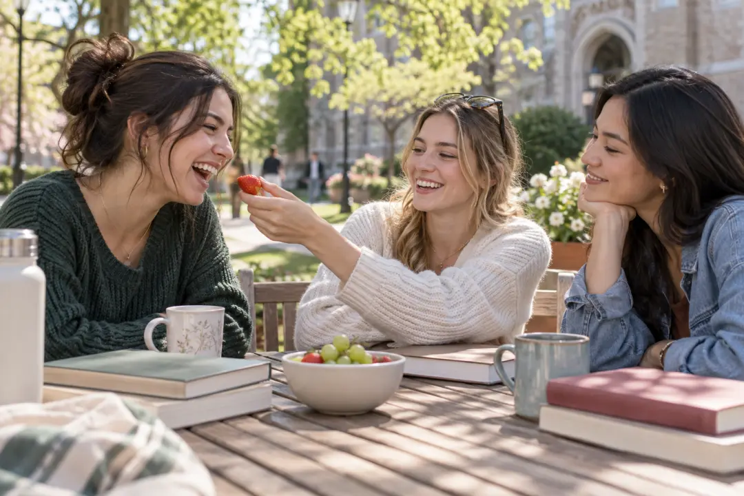 Adult sorority members share a relaxed study break in a sunny campus video scene