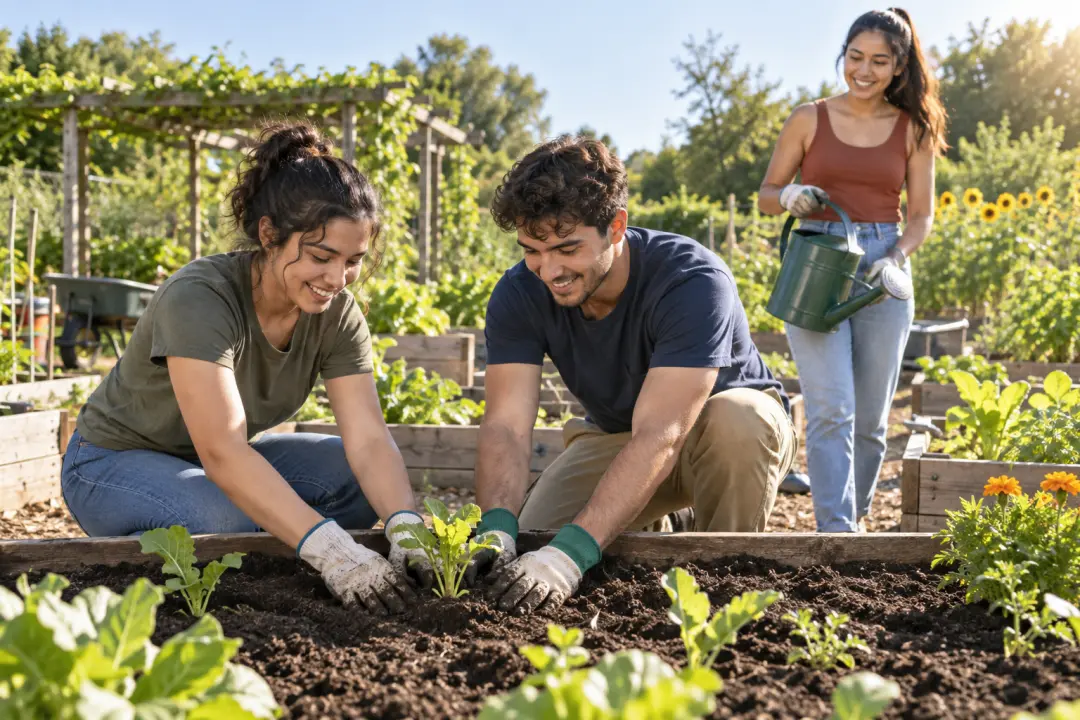 Adult chapter members plant seedlings in a community garden service video scene