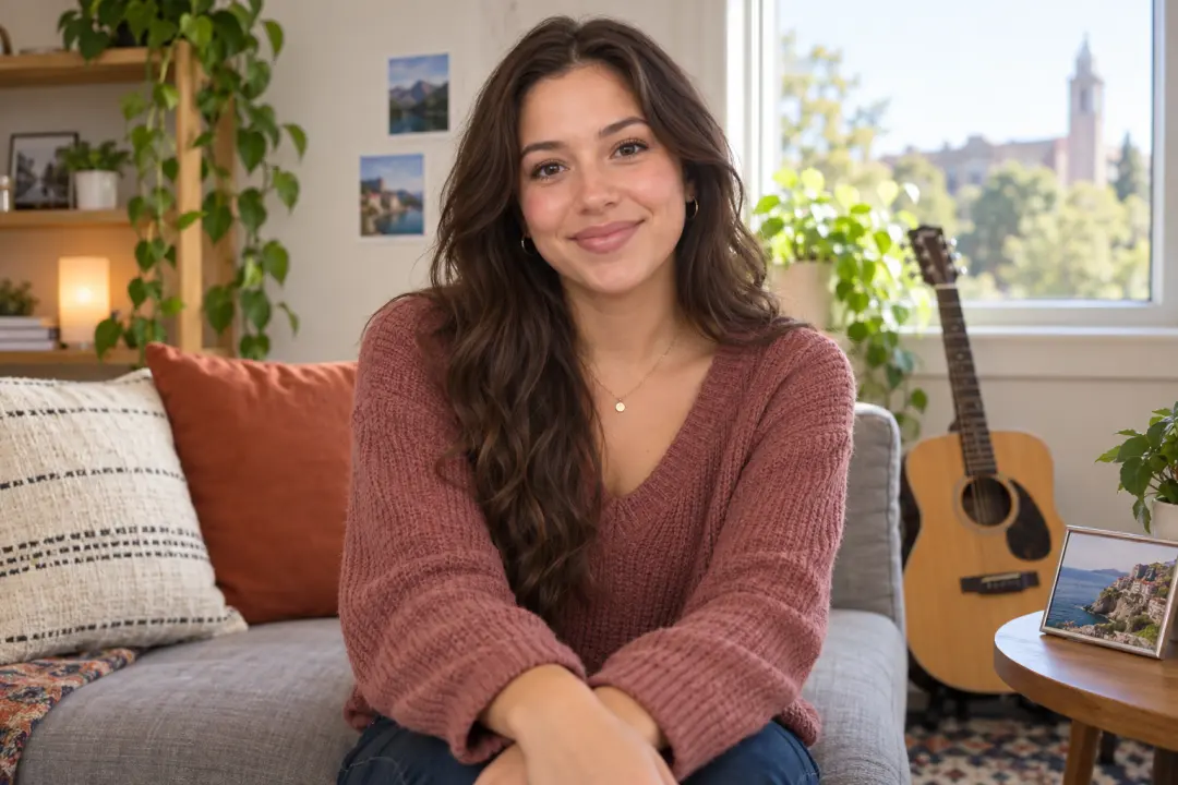 An adult applicant shares a personal recruitment introduction beside a guitar and travel photo