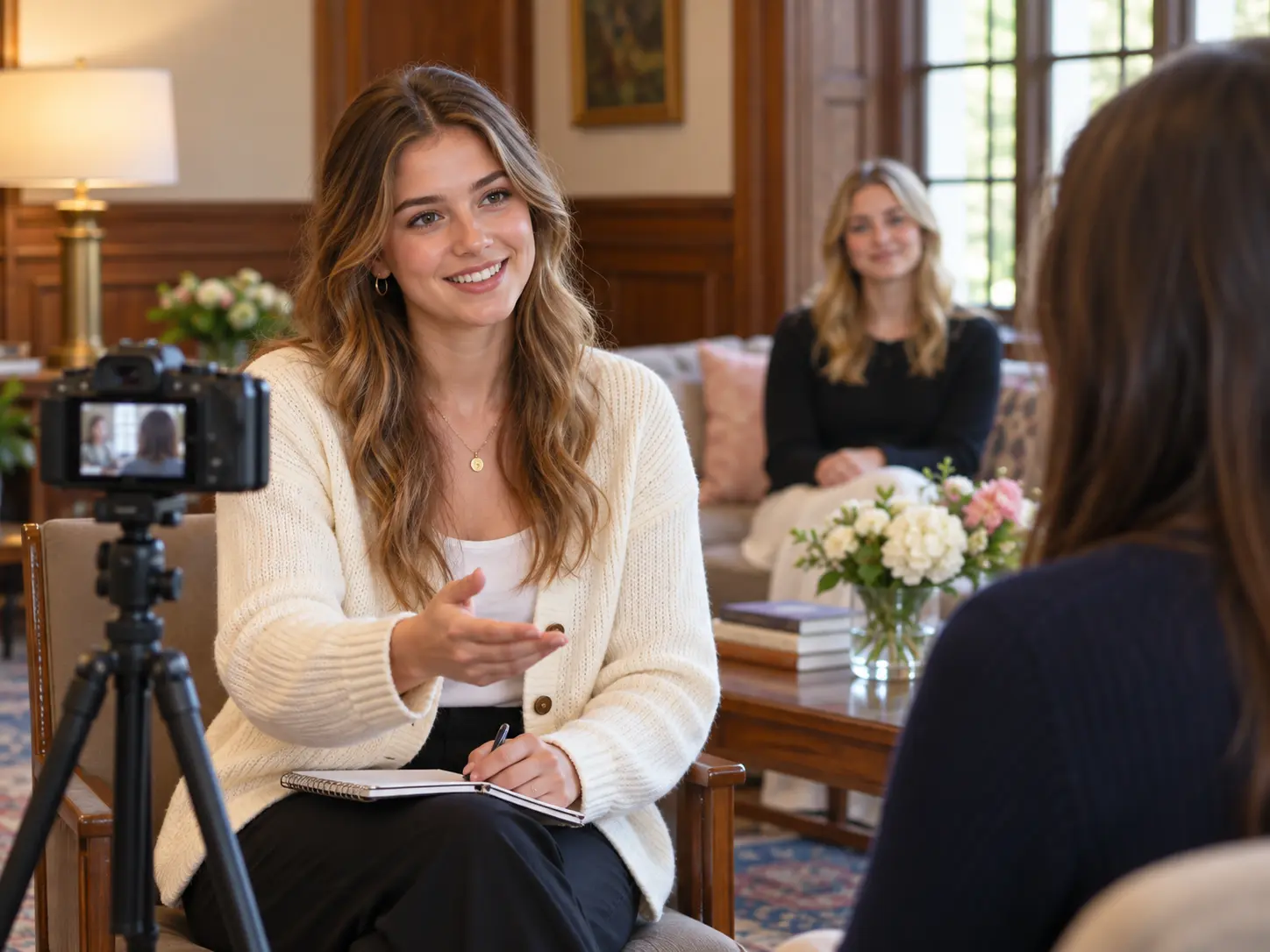 Adult recruitment chair directs a member interview in a bright campus common room