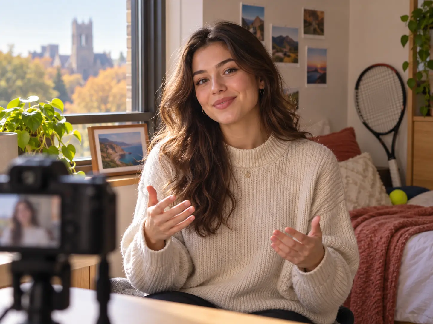 Adult potential member practices a personal video introduction in a sunlit campus room