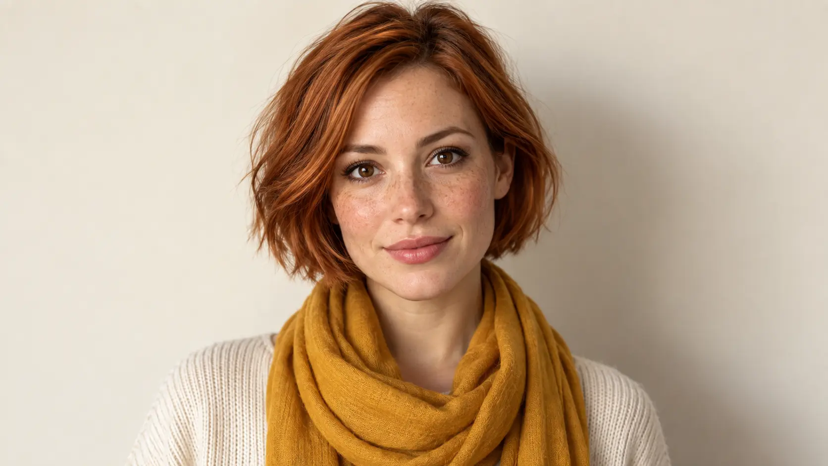 New square face generated from a text description of a woman with a copper bob