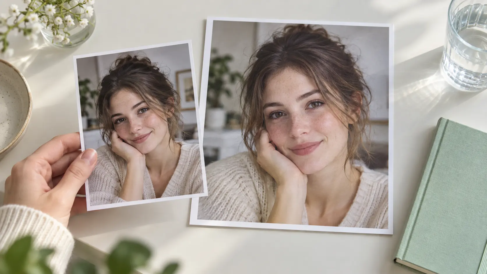 Reference photo guiding a new square face generator portrait on a bright desk