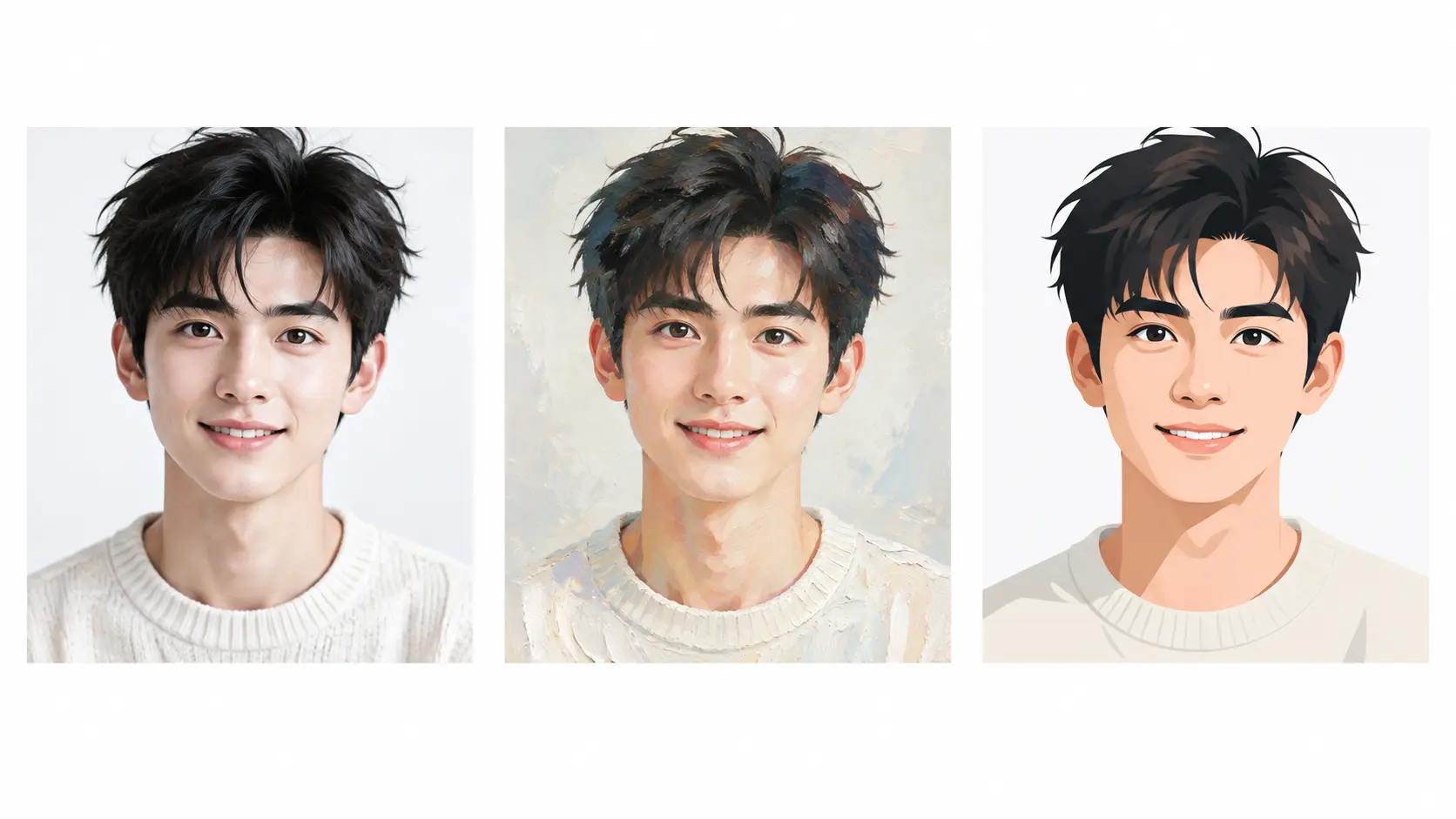 One generated face shown in realistic, painted, and flat avatar styles as square portraits